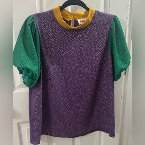 BiBi Vibrant Purple and Green Blouse with Gold Trim